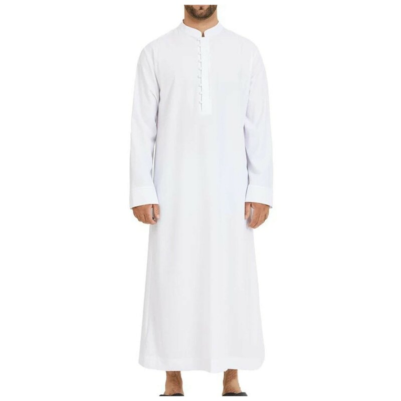 Jubah Muslim pria Jubba Thobe Arab Saudi Kaftan warna Solid berdiri leher Homme Abaya Kaftan pakaian Islam gaun Lebaran