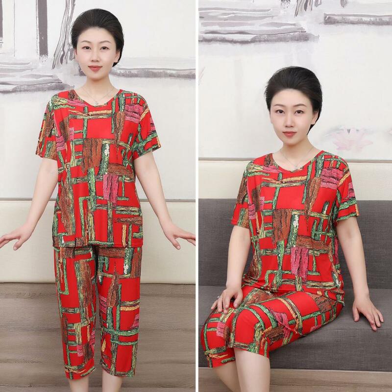 Women Pajama Top Ethnic Style Women's T-shirt Pants Set with Printed Top Cropped Trousers for Sport Outfit 2 Pcs/set Geometric