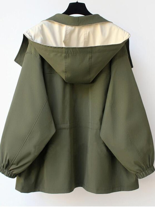Trench coat feminino de comprimento médio com capuz, blusão curto, jaqueta solta, streetwear casual, produto para primavera e outono, 2023