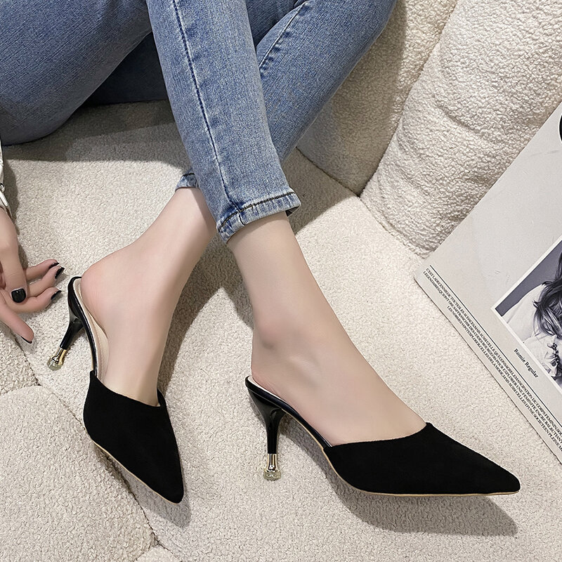 2024 Summer New Half Slippers, Baotou Cool Slippers, High Heel Slippers, Women's Outwear Fashion, Thin Heels, Pointed Toe