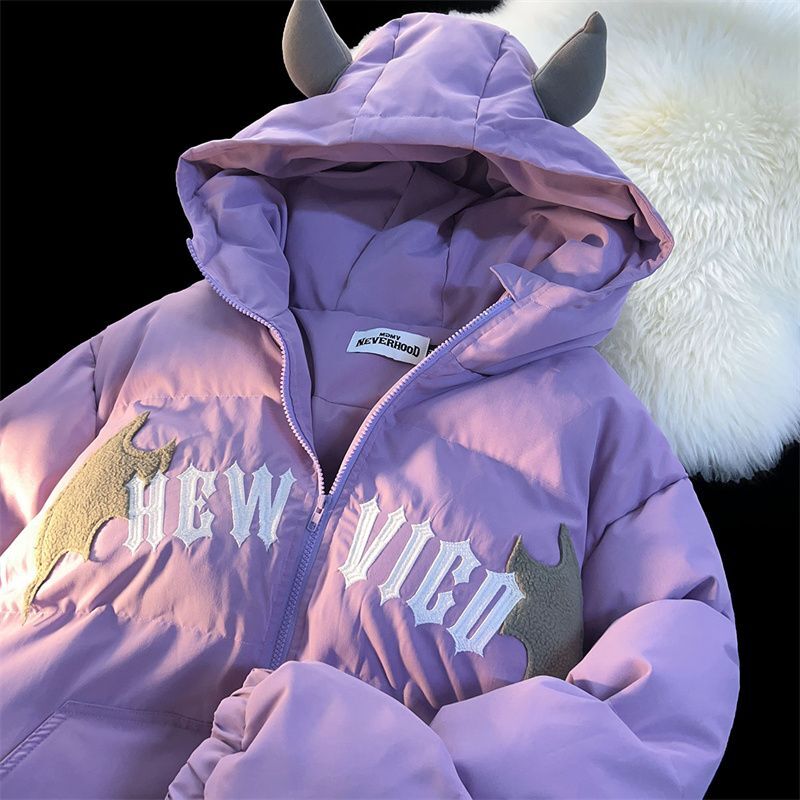 Jaqueta acolchoada de algodão estilo americano casaco de pão pequeno diabo, casal feminino Y2K jaqueta com capuz, rua alta, novo, inverno