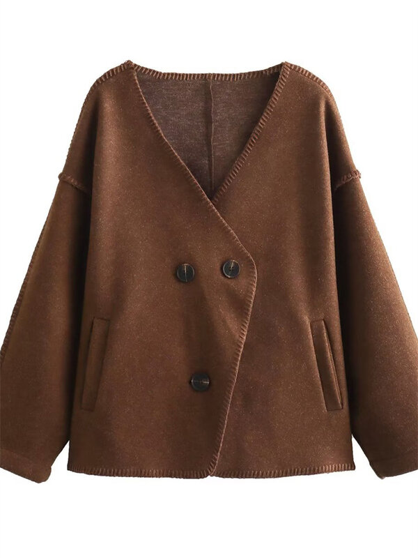 Женское Свободное пальто с V-образным вырезом, длинным рукавом и карманами