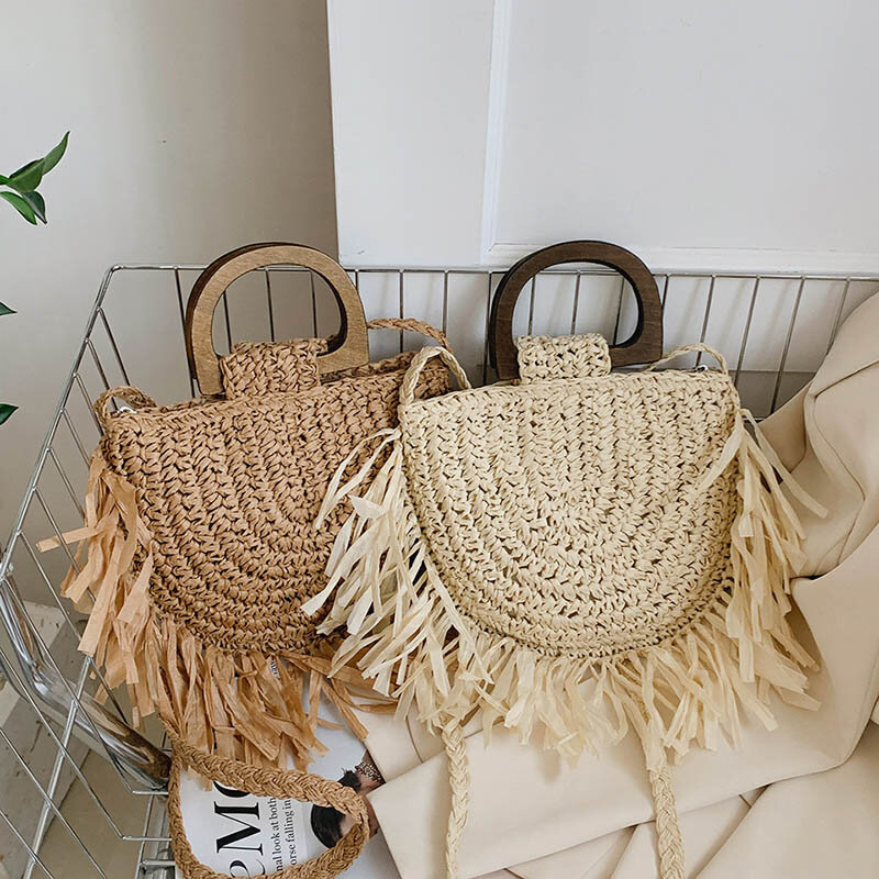 Bolso de paja con borlas para mujer, hecha a mano bandolera de playa, tejido de ratán, de viaje, estilo Resort