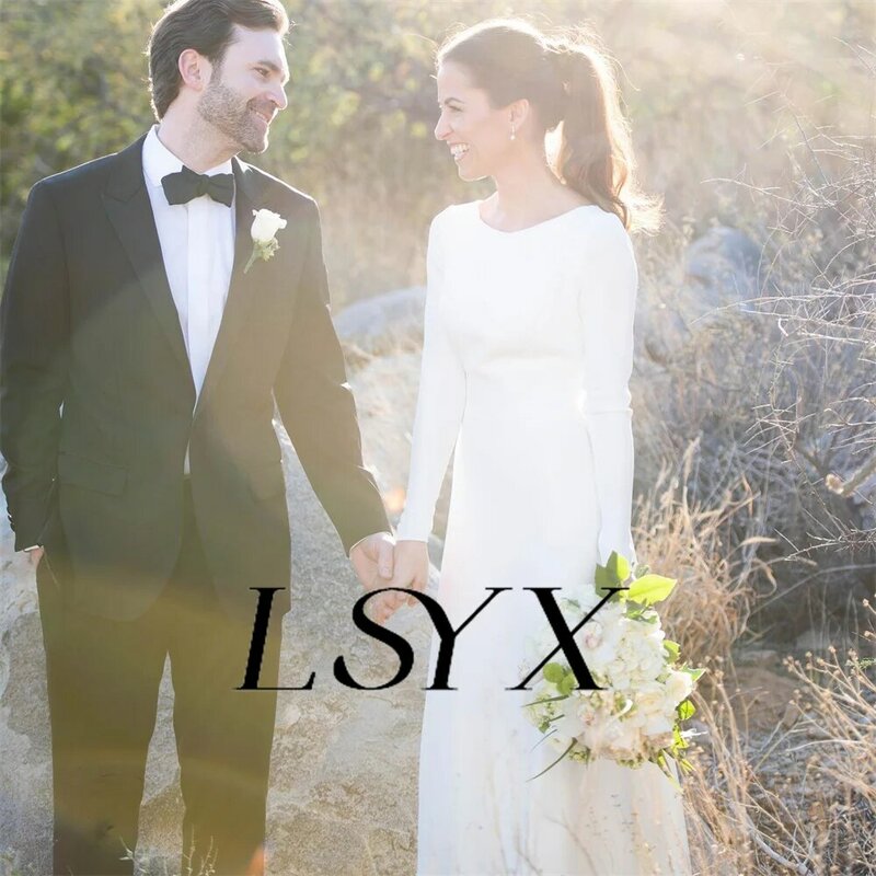 LSYX-vestido de novia de manga larga con botones y crepé, traje de novia elegante, corte en A, corte en la espalda, hecho a medida
