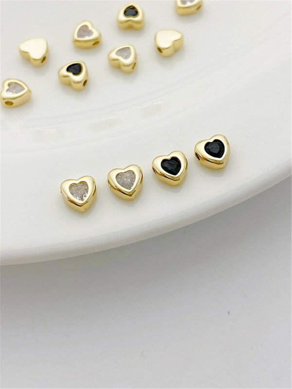 14K Gold-plated Zirconium Black White Heart-shaped Horizontal Hole Separated Beads Handmade DIY Bracelet Material Accessories