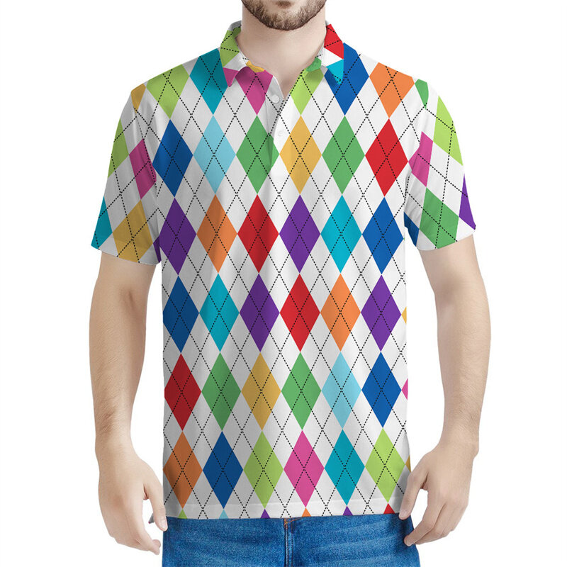 Camisa polo masculina xadrez geométrica colorida, impressão 3D, mangas curtas, tops de rua verão, camiseta casual com lapela