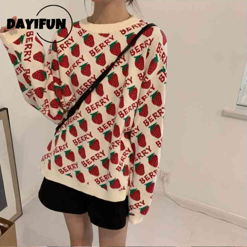 DAYIFUN Cute Sweaters Women O Neck Strawberry Embroidery Knitted Pullovers Female Stitching Long Sleeves Loose Oversized Jumpers