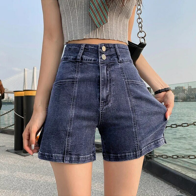 Shorts jeans casuais femininos, finos e finos, elásticos, cintura alta, calças largas de perna larga, streetwear feminino, jeans curtos, verão