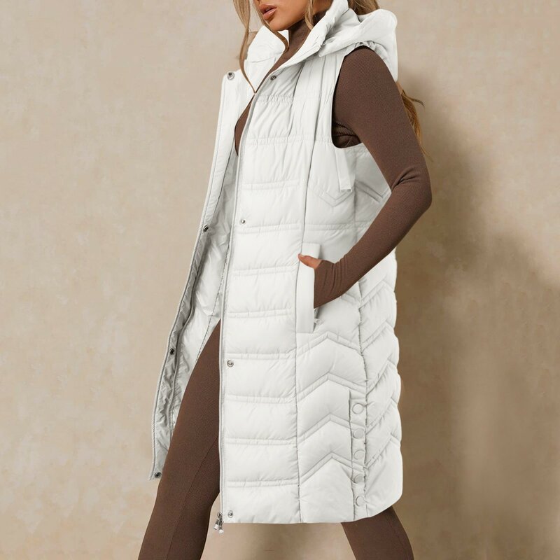 Женский Длинный Зимний пуховик с капюшоном, теплая пуховая куртка без рукавов, уличная безрукавка с карманами, уличная одежда на молнии, верхняя одежда