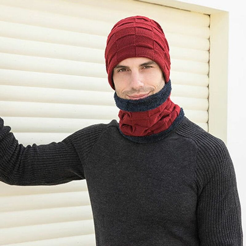 Casual Comfortable Winter Elastic Man Beanies Soft Gloves Man Scarf Knitted Cap Gloves Neck Suit