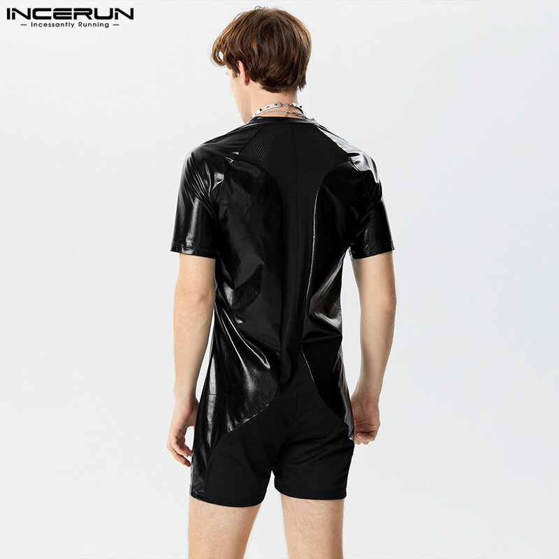 INCERUN 2024 Sexy Handsome Men's Rompers Mesh Patchwork Casual Faux Leather Fabric Jumpsuits Solid Short Sleeved Bodysuits S-3XL