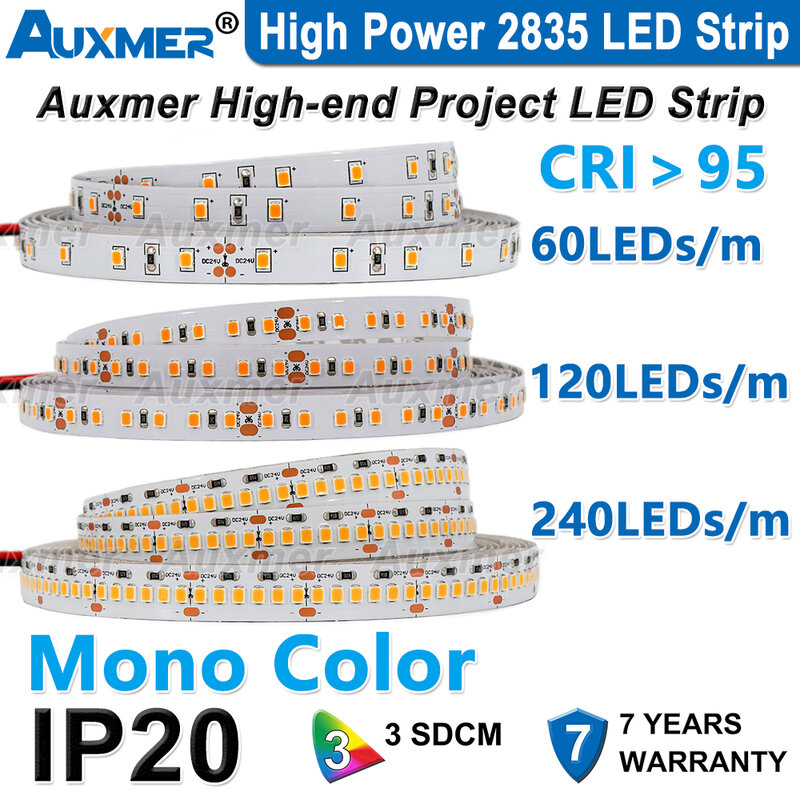 Tira de luces LED de alta potencia 2835, Color Mono, 120LED/m, 240LED/m,CRI>95/90,3SDCM,Super brillante, flexible, DC12/24V,5m/carrete IP20