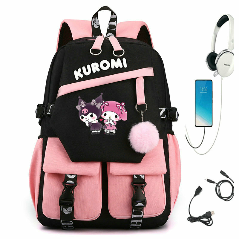 MINISO Lovely Kuromi Melody mochila USB para niñas y niños, Bolsa Escolar para adolescentes, mochila de lona para ordenador portátil, mochila de capacidad Anime