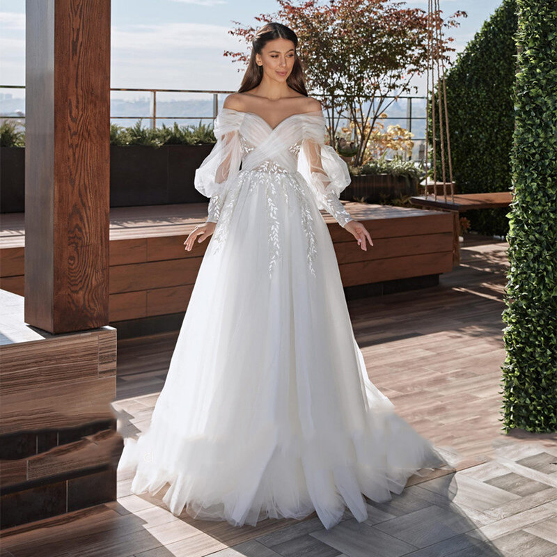 Gaun pernikahan wanita tanpa bahu manis gaun pengantin buatan khusus renda motif bunga gaun pengantin panjang pel Bohemian Vestidos De Novia