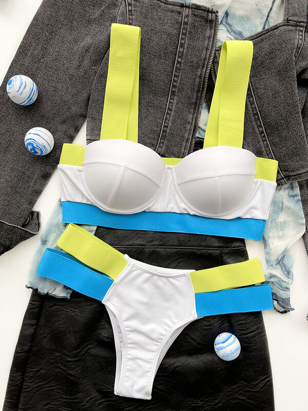 Stroje kąpielowe damskie Ellolace seksowne stroje kąpielowe Patchwork Bikini 2020 kobieta Push up Biquini Neon Bikini strój kąpielowy garnitury 2021