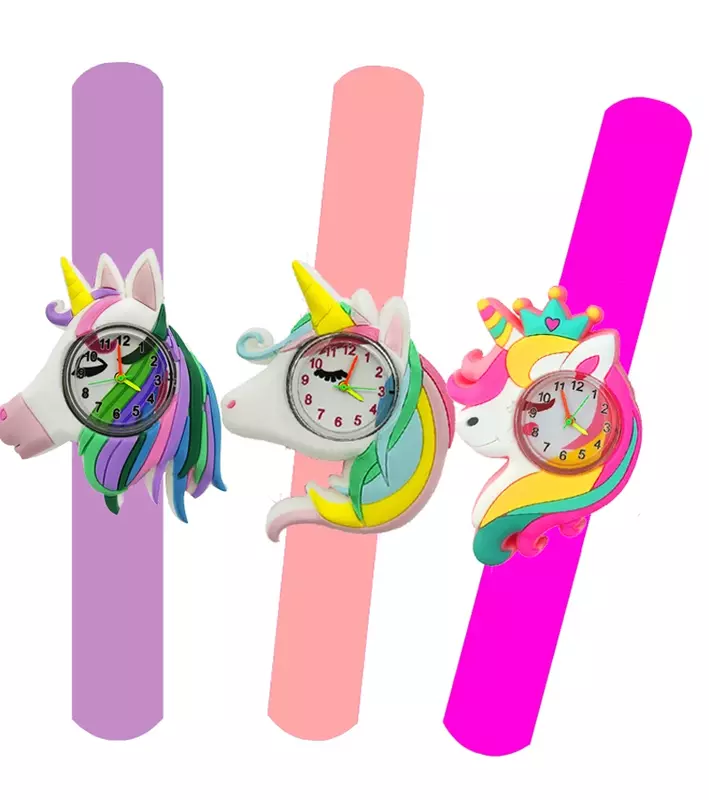 Relojes de unicornio de dibujos animados para niños y niñas, regalo de cumpleaños, rompecabezas, aprender el tiempo, reloj de juguete, pulsera Slap, reloj de bebé