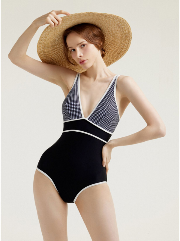 2024 New houndstooth black-and-white one-piece bikini swimsuit women's sexy summer sling slim belly-covering swimsuit women's bi