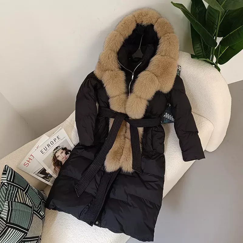 FURYOURSELF 2023 Real Fox Fur Collar Winter Women White Duck Down Long Jacket Belt Female Warm Coat Luxury Slim Hooded Outerwear