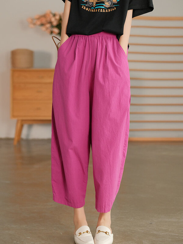 Bawełniane spodnie letnie Moda Luźne, swobodne, elastyczne spodnie haremowe z wysokim stanem Proste, wygodne, retro czarne spodnie damskie 2024 Nowość