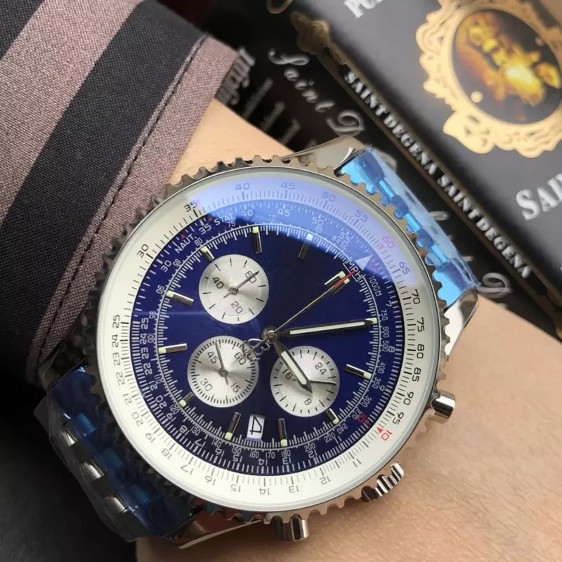 Avenger Men's Quartz Chronograph Watch, Black, White, Blue Dial, Sport Fashion Relógios, Sapphire, Luxo, Novo