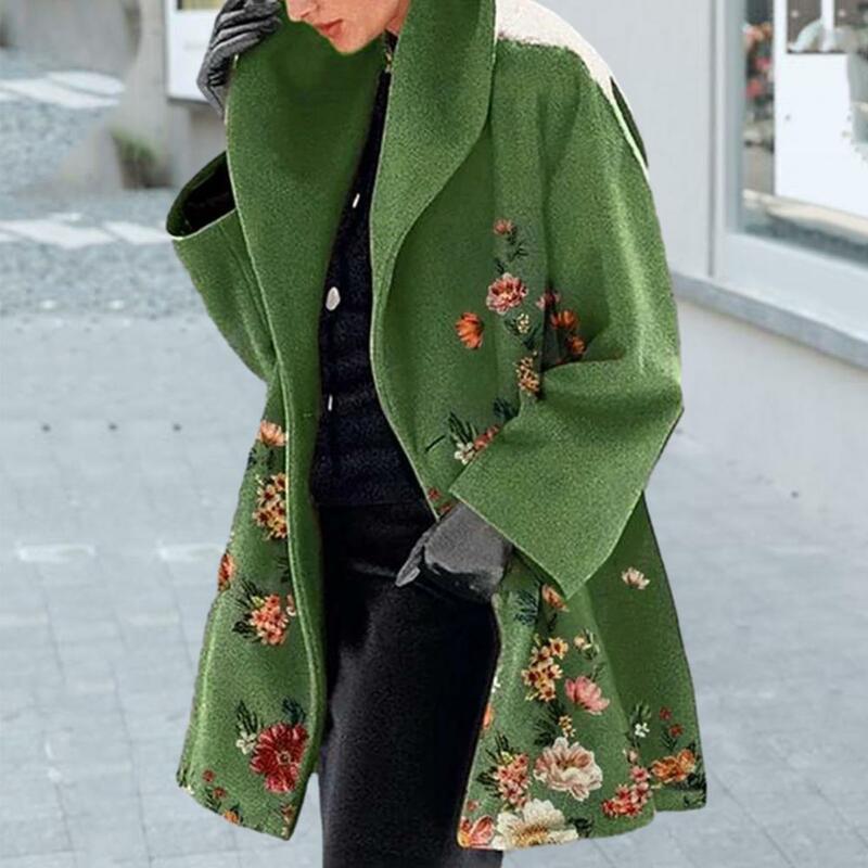 Women Jacket Elegant Flower Print Women's Winter Overcoat Plus Size Thick Warm Loose Fit with Mid Length Turn-down Collar Cold