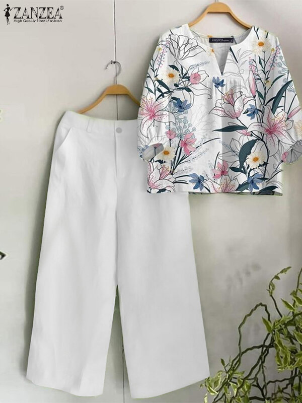 ZANZEA 빈티지 매칭 세트, 여름용 반팔 꽃 블라우스 바지 세트, 여성용 운동복, 패션 와이드 레그 팬츠 세트, 2 개