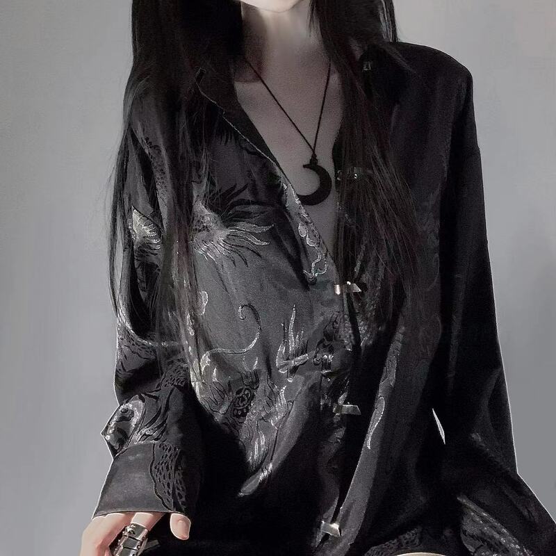 Blusa Jacquard solta com fivela de metal, estilo chinês, dragão padrão, neutro escuro, mercerizado, novo