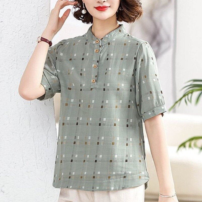 Summer Women's 2024 Pullover Round Neck Patchwork Button Plaid Retro Loose Fashion Simple Commuting T-shirt Short Sleeved Tops