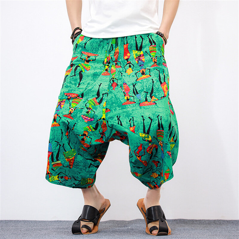 Printed Men Harajuku Harem Pants Men's Retro Chinese Style Cotton Linen Wide Leg Shorts Joggers Male Loose Calf-lenght Trousers