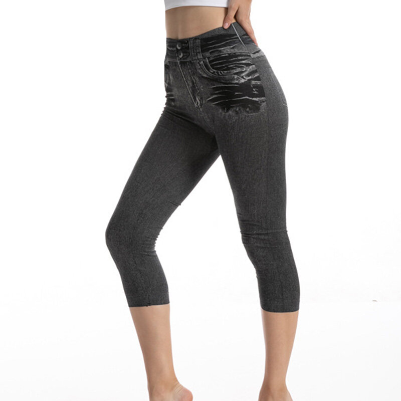 YGYEEG Legging Jeans Imitasi Ramping Baru Celana Pendek Gambar Cetak Ketat Wanita Celana Panjang Betis Celana Panjang Musim Panas Jegging Pinggang Tinggi