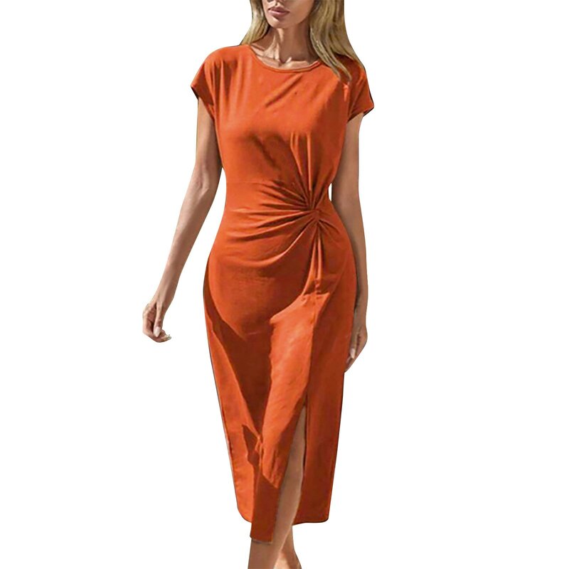 2024 Summer Women Split Dress Short Sleeved Waisted Twisted Dress Elegant Solid Color Round Neck Midi Dress Party Vestidos