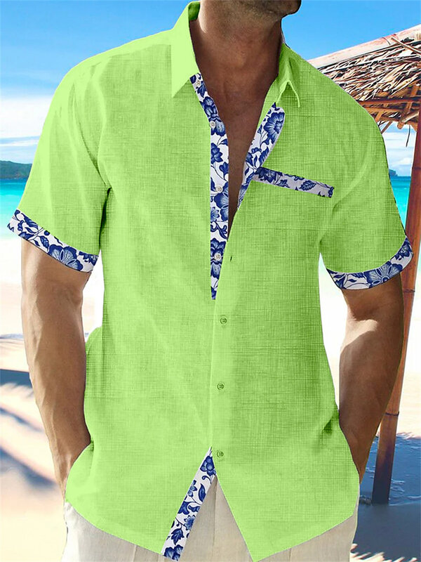 Camisa hawaiana de lino para hombre, chaqueta de manga corta con bolsillo y encaje impreso, informal, talla grande, 5 colores, moda de verano, 2023