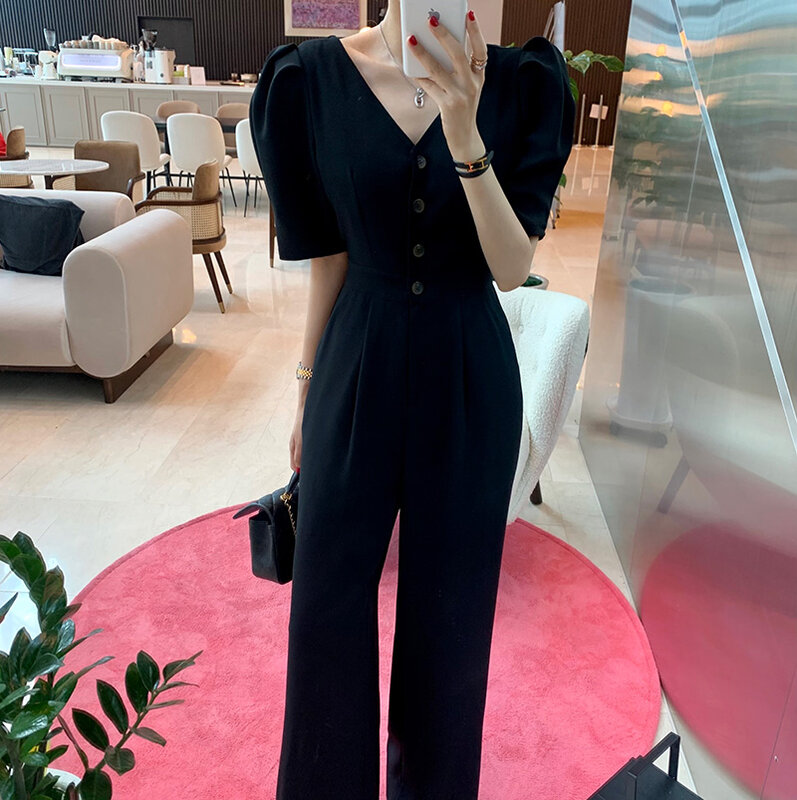 2023 Elegant New Summer Women V-Neck Puff Sleeve Wide Leg Jumpsuits Korea Vintage Office OL Slim Waist Playsuits Overalls