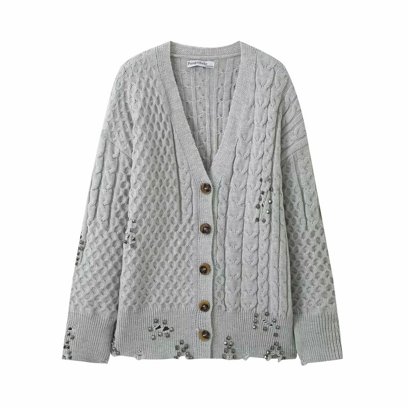 Women New Fashion Rivet decoration Loose Wool blended Knitted Cardigan Vintage V Neck Button-up Female Outerwear Chic Tops