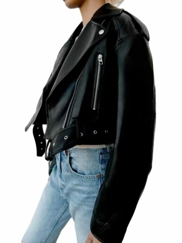 Jaket pendek kulit imitasi wanita, atasan mantel Luaran Retro ritsleting Vintage longgar dengan sabuk Streetwear 2024