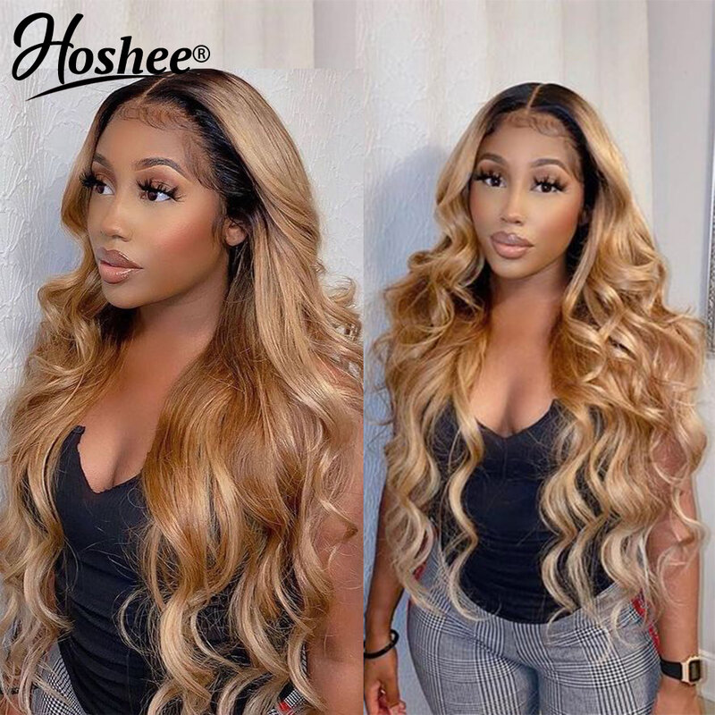 Ombre Brown Body Wave Lace Front Wig para Mulheres, Cabelo Humano, 13x4 Lace Frontal Wigs, Cabelo Remy Brasileiro, Colorido
