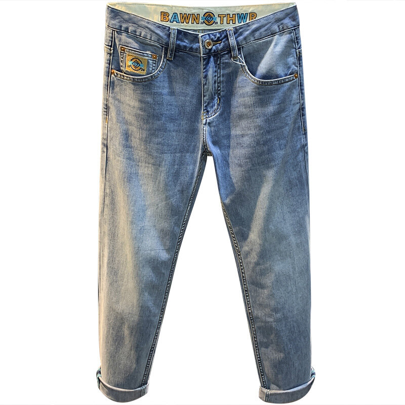 Summer Washed Jeans Men's Thin Light Straight-Leg Casual All-Match Mid-Waist Embroidered Stretch Slim Fit Skinny Pants