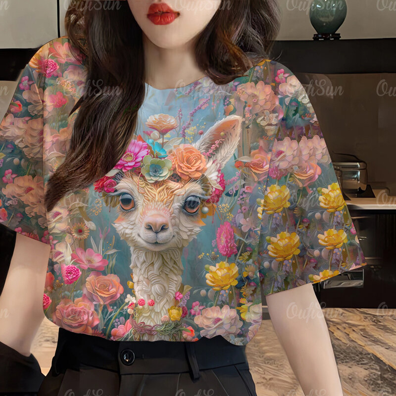 Camiseta 3D com estampa animal feminina, gola redonda, camiseta de mangas curtas, blusa solta, roupa casual, moda verão, novo, 2024