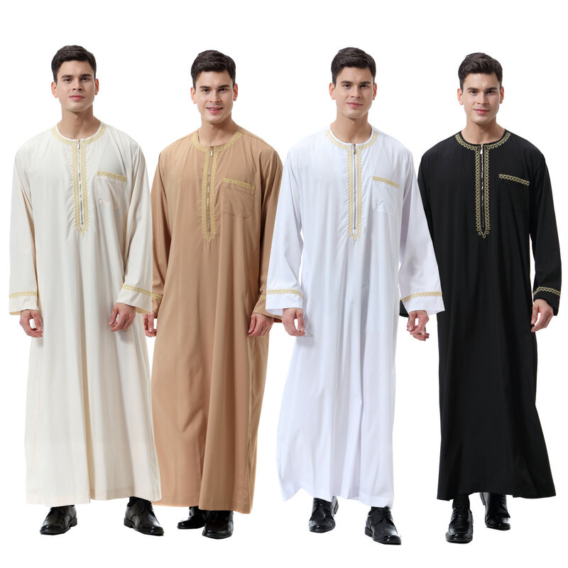 Middle Eastern Men's Printed Thobe, Crew Neck Robe, Muslim Arab Thobe, Thawb Caftan