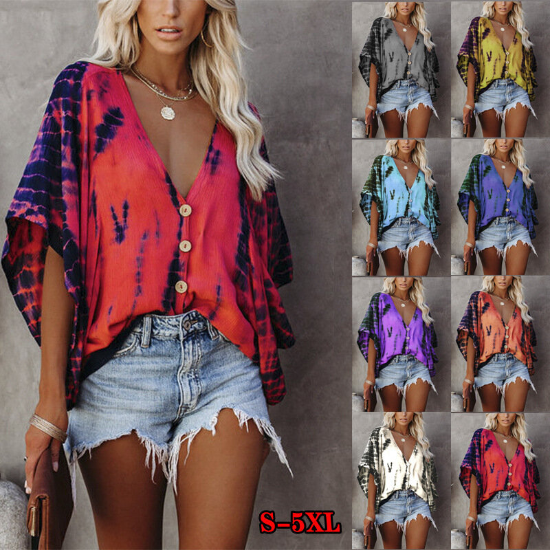 Women's Spring/Summer V-Neck Doll Sleeves Tie-Dye Loose Printed Shirts Fashion Casual Commuter Office Tops Female