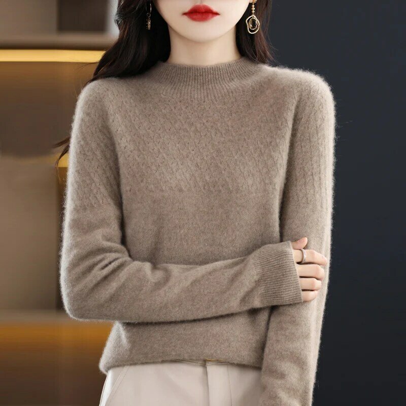 Женский свитер из чистой шерсти, бесшовный пуловер с длинным рукавом, осень/зима 2022, топ с полувысоким воротником свободного покроя в Корейском стиле