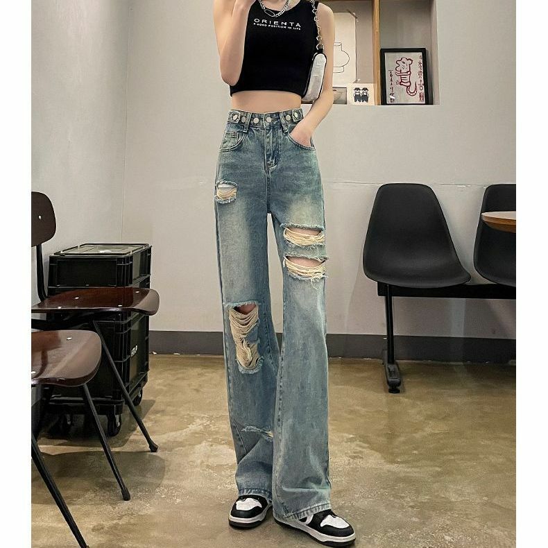 Винтажные состаренные джинсы с регулируемой талией, прямые широкие брюки большого размера с высокой талией для похудения, весна-лето 2024