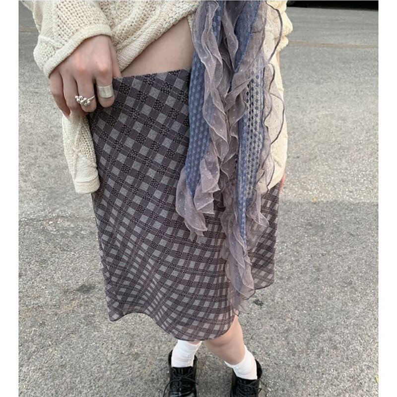 Deeptown tiulowe spódnica w kratę damskie eleganckie słodkie spódnica midi w stylu Vintage Fairycore casualowe kokietki koreańskie modna siatka spódnice Streetwear