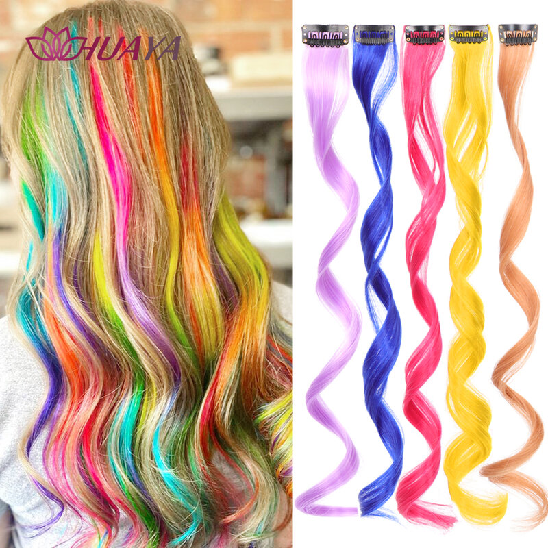 HUAYA Synthetic Clip In One Pieces Colorful Hair Extensions Curly Synthetic Hair Pieces 18" Long Ombre Hair Pink Purple Red Blue