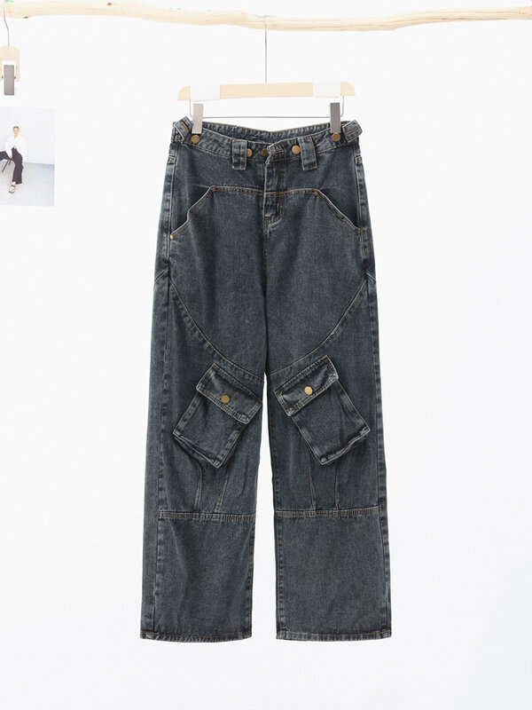 Dżinsy Cargo uliczna damska duża kieszeń Oversize luźna damska spodnie dżinsowe 2023 jesienno-zimowa Hip Pop Retro damska spodnie z szerokimi nogawkami