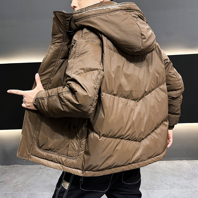 New Casual Men's 2023 Autumn Winter Hooded Duck Down Jacket Outwear Top Solid Color Warm Puffer Coat Plus Size L-4XL Thick Parka