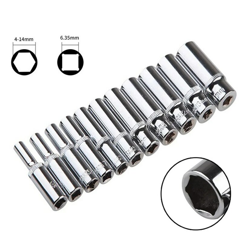 1Pc 1/4'' Hex Socket Adapter 4-14mm Deep Ratchet Wrench Head 50/25mm Length Impact Driver Hand Tools Car Repairing Accessories