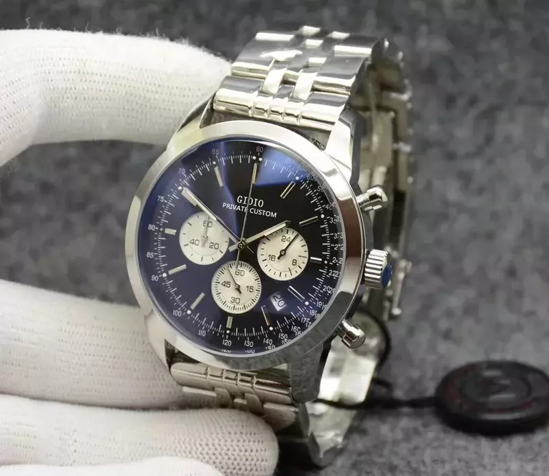 นาฬิกาควอตซ์โครโนกราฟสำหรับบุรุษแบบใหม่หรูนาฬิกาสแตนเลสสตีลนาฬิกาสีดำสีน้ำเงินหนังคลาสสิก