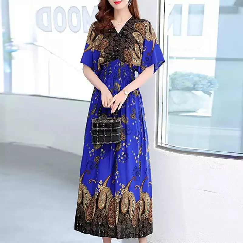 2024 New Women's Style V-neck Silk Short Sleeve French Thai Style Floral Dress Female Summer Print Garden Style Skirt Wholesale