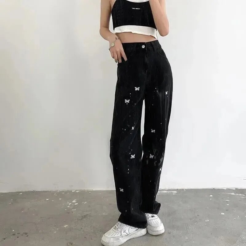 Ink splash New embroidery butterfly jeans women's straight loose wide leg summer high waist slim pants y2k Women's pants clothes